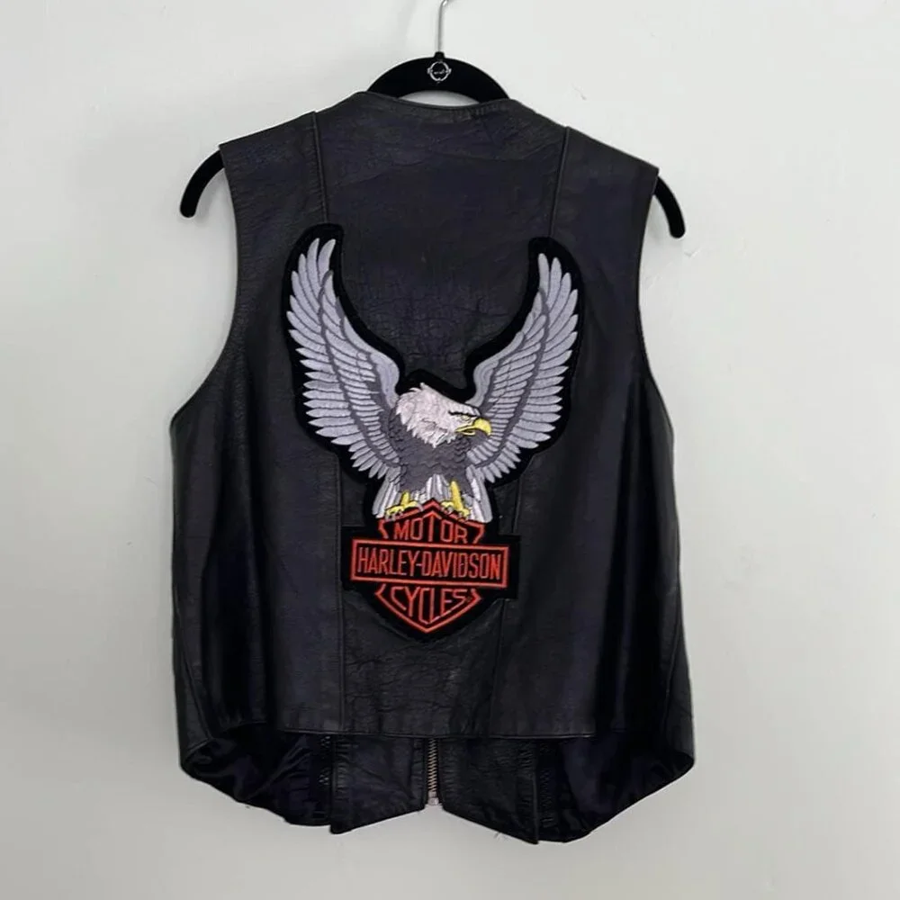 Vintage UNIK SZ LG Adjustable Leather Vest & Neck Cover Embroidered W/Event Pins